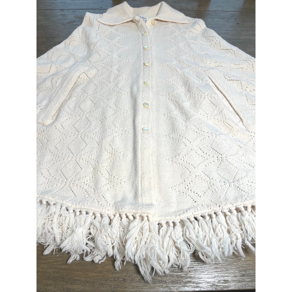 Cuddle Knit Vintage Cream Diamond Pointelle Fringe Button Front Cape Poncho